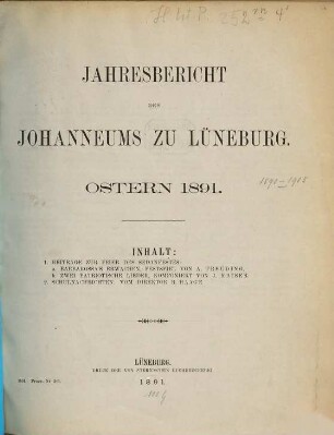 Jahresbericht des Johanneums zu Lüneburg : Ostern .... 1890/91