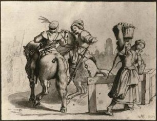 Zwei Reiter und zwei körbetragende Mädchen : Rethel, Alfred: Zwei Reiter und zwei körbetragende Mädchen. Zeichnung. 1837