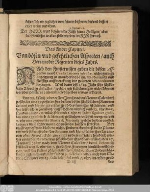 Das Ander Capittel. Von bösen und gefehrlichen Aspecten/ auch Herren oder Regenten dieses Jahrs.