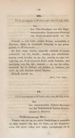 IV. Uit de gevangenis te weltevreden den 29 Julij 1845. Aan den waarnemenden adjunct-secretaris van het Nederlansch-Indisch gouvernement te Batavia