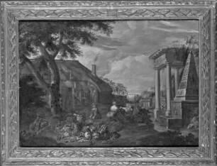 Landschaft mit Bauernkaten und antiken Ruinen