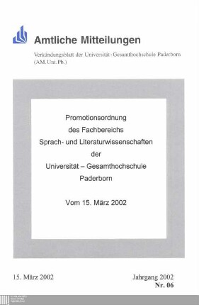 Promotionsordnung des Fachbereichs Sprach- und Literaturwissenschaften der Universität Gesamthochschule Paderborn : vom 15. März 2002