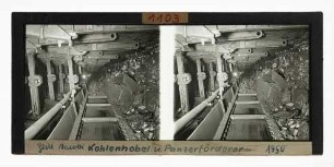 Kohlenhobel und Panzerförderer in einem Hobelstreb, Zeche Jacobi 1950