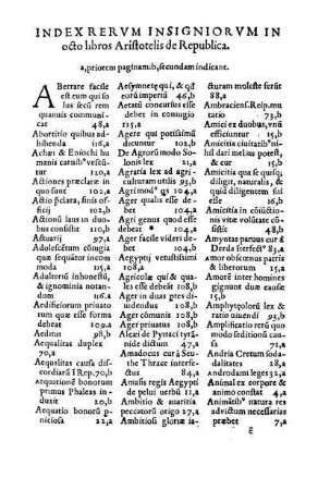 Index Rerum Insigniorum In octo libros Aristotelis de Republica