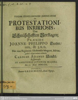 Trigam Conclusionum Iuridicarum De Protestationibus Iniuriosis, Von Schmähehafften Vorklagen