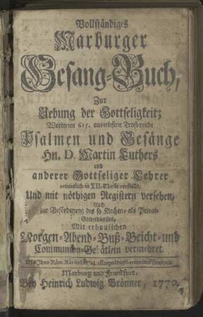 Vollständiges Marburger Gesang-Buch, Zur Uebung der Gottseligkeit