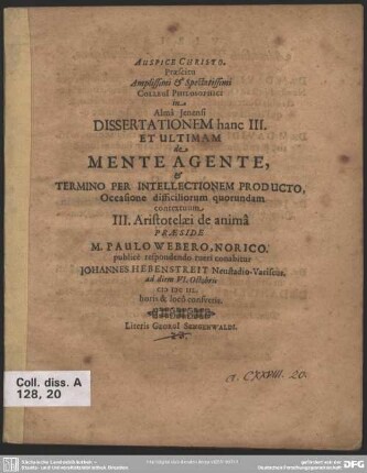 3: Dissertationem hanc ... de mente agente