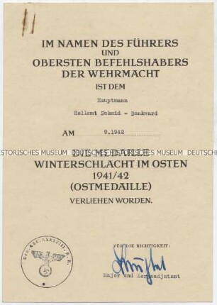 Verleihungsurkunde des XXXXVIII. Armee-Korps zur Ostmedaille für einen Oberleutnant