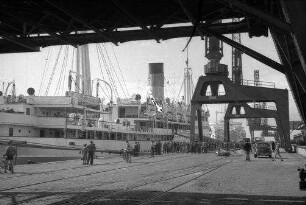 Bremerhaven: Schiff "Columbia" am Pier, von seitlich, hinten