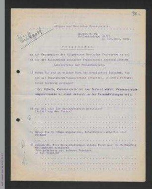 Fragebogen an die Ortsgruppen und Mitgliedsverbände des ADF - Schwäbischer Frauenverein