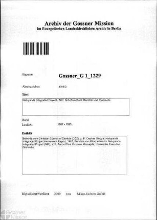 Naluyanda Integrated Project - NIP. Schriftwechsel, Berichte und Protokolle