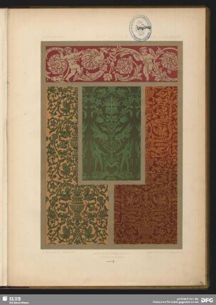 Gewebemuster. Ornamente mit Rankenwerk in Verbindung mit Vasen und Vögeln