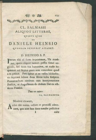 CL. Salmasii Aliquot Litterae, Quibus Quid De Daniele Heinsio Quondam Senserit Apparet