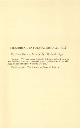 Memorial informatorio al Rey. Grau y Monfalcon's informatory memorial of 1637
