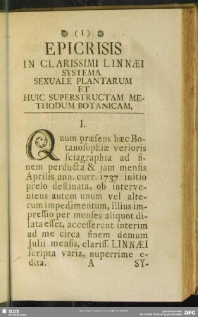 Epicrisis In Clarissimi Linnaei Systema Sexuale Plantarum Et Huic Superstructam Methodum Botanicam