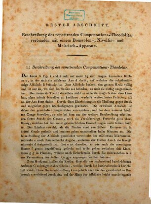 Magazin von den neusten gemeinnützigsten größtentheils verbesserten und zweckmäßiger eingerichteten mathematischen Instrumenten, deren man sich in der Geometrie, bei der Civil- und Militär-Meßkunst, dem Nivelliren, Auftragen un Zeichnen bedient : Nebst e. kurzen Beschreibung u. Erklärung dieser Instrumente, 1. Beschreibung eines neu eingerichteten repetirenden Compensations-Theodolits ... : Mit e. Kupfertaf.