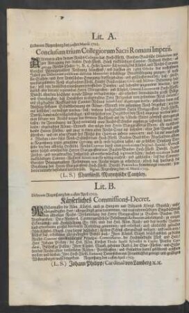 Lit. B. Dictatum Regenspurg den 22sten April 1703. Käyserliches Commissions-Decret