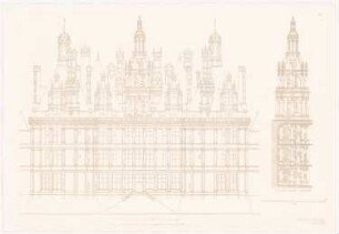Schloss Chambord: Ansicht, Querschnitt Treppenhaus (aus: Baukunst d. Renaissance in Frankreich, hrsg. v. Zeichenaussch. d. Stud. d. TH Berlin, 1875)