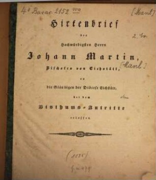 Hirtenbrief an die Gläubigen der Diöcese Eichstätt bei dem Bisthumsantritte erlassen (1835)