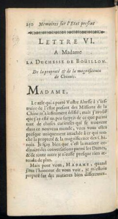 Lettre VI. A Madame La Duchesse de Boüillon. De la propreté & de la magnificence de Chinois