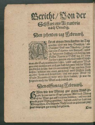 Bericht/ Von der Schiffart aus Alexandria nach Venedig. Den zehenden tag Februarii. - Den neunzehenden tag Martii.
