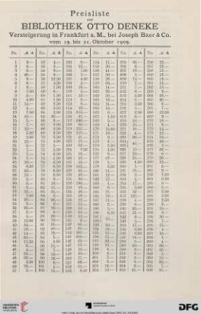 Preisliste zur Bibliothek Otto Deneke