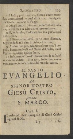 Il Santo Evangelio del Signor Nostro Giesù Cristo, secondo S. Marco