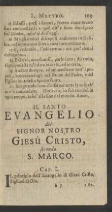 Il Santo Evangelio del Signor Nostro Giesù Cristo, secondo S. Marco