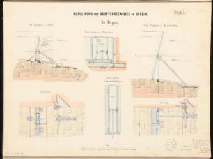 Flussregulierung der Spree, Berlin-Mitte Schinkelwettbewerb 1876: 2 Typen Wehrklappen: (in Ausschnitten:) Grundriss, Ansicht, Querschnitt 1:20; Maßstabsleiste