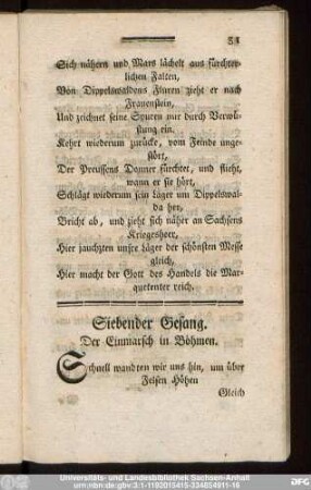 Siebender Gesang. Der Einmarsch in Böhmen.