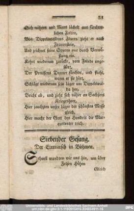 Siebender Gesang. Der Einmarsch in Böhmen.