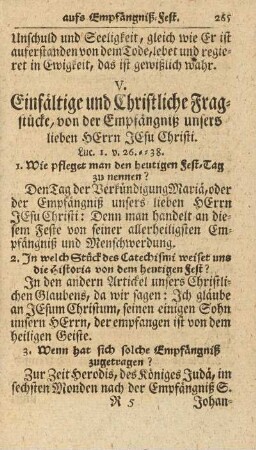 V. Einfältige und Christliche Fragstücke, von der Empfängniß unsers lieben Herrn Jesu Christi