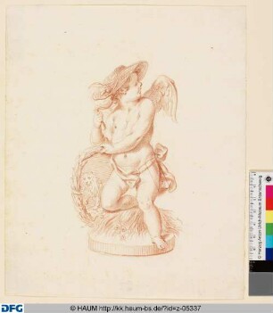 Engel mit Strohhut und der Figur des Löwen im Kranze