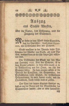Auszug aus Stahls Werken über die Natur, den Ursprung, und die Zeugung des Salpeters