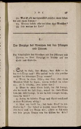 E. Die Vorzüge des Menschen vor den Pflanzen und Thieren