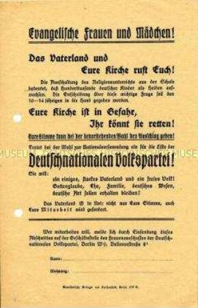Wahlflugblatt der DNVP zur Wahl der Nationalversammlung 1919 mit Aufruf zur Beibehaltung des Religionsunterrichtes an den Schulen