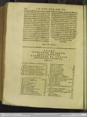 Index Titulorum Et Legum Quas Hubertus Gipanius Ex Codice Iustinianeo Desumtas, Explicavit