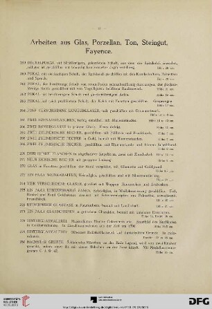 Arbeiten aus Glas, Porzellan, Ton, Steingut, Fayence (Nr. 259-443)