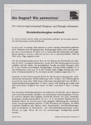 "Sie fragen? Wir antworten! Steinkohlenbergbau weltweit"