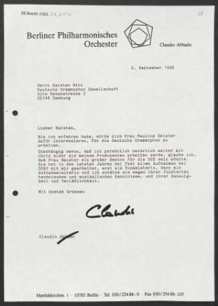 Brief an Karsten Witt an Deutsche Grammophon-Gesellschaft, 06.09.1996