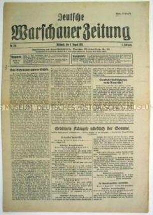 Tageszeitung "Deutsche Warschauer Zeitung" mit Meldungen und Berichten zum Kriegsgeschehen an verschiedenen Fronten