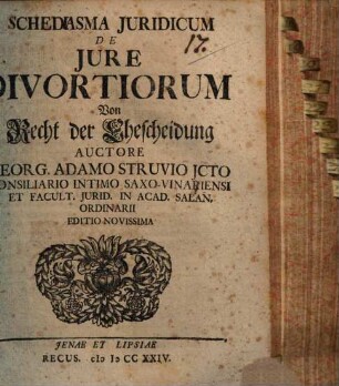 Schediasma Juridicum De Jure Divortiorum Von Recht der Ehescheidung