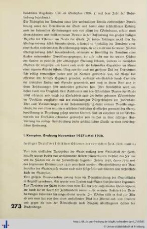 I. Kempten. Grabung November 1937 - Mai 1938.