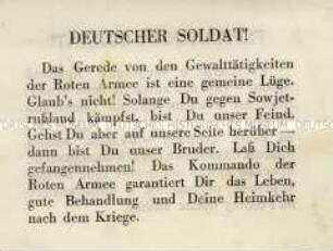 Sowjetisches Abwurf-Flugblatt mit der Aufforderung zum Überlaufen (deutsch und russisch)