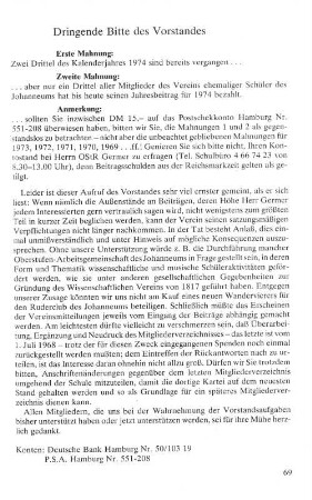 Dringende Bitte des Vorstandes