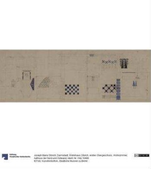 Darmstadt, Wohnhaus Olbrich, erstes Obergeschoss, Wohnzimmer, Aufrisse der Nord und Ostwand
