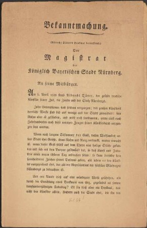 Text: Bekanntmachung. (Albrecht Dürer's Denkmal) betreffend ...