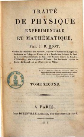 Traité de physique expérimentale et mathématique, 2. (1816). - 551 S., IV Bl. : Ill., graph. Darst.