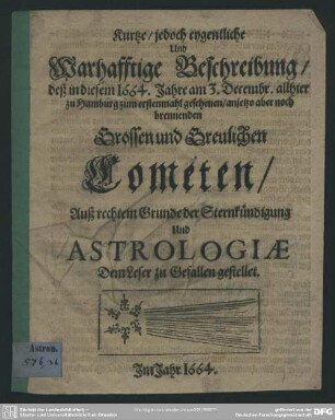 Kurtze Beschreibung des 1664 gesehenen Cometen