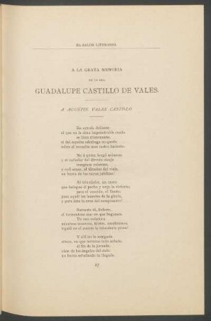 A la grata memoria de la Sra. Guadalupe Castillo de Vales. : A Agustín Vales Castillo.
